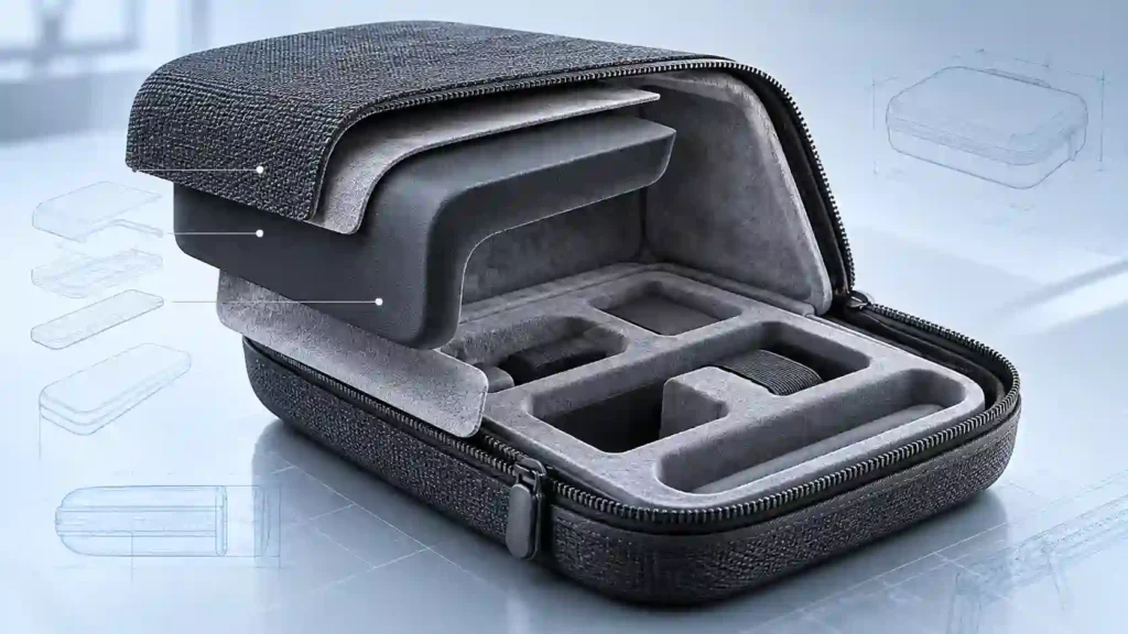 Exploded View of a Custom EVA Protective Case Showing Its Outer Fabric, Molded EVA Shell, Inner Lining, and Custom Foam Insert Structure for Organized Product Protection.