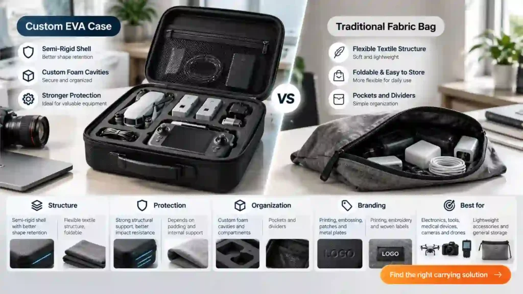 Custom EVA Case vs Traditional Fabric Bag comparison showing differences in semi-rigid shell protection, custom foam inserts, product organization, branding options, and storage flexibility for electronics, tools, cameras, and drones.